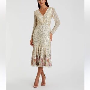 Mac Duggal Long Sleeve Embellished Tea Length Dress Gold Size 8